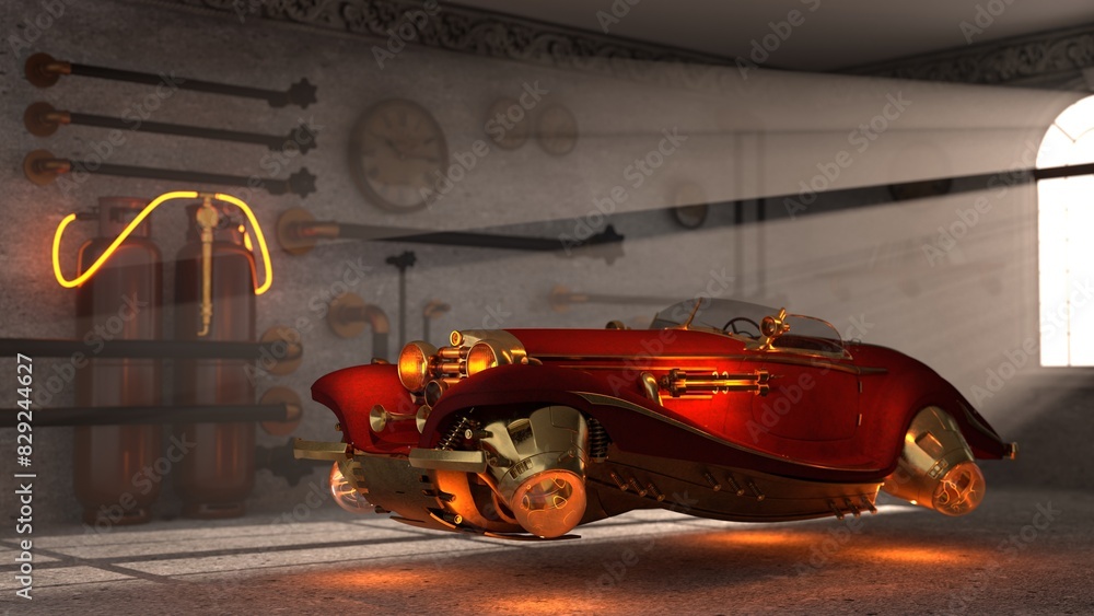 Naklejka premium retro futuristic car, convertible, in the garage, steampunk style, 3d render