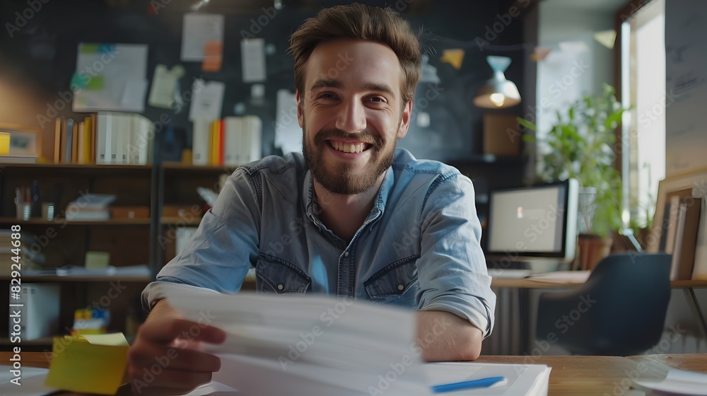 Fototapeta premium Cheerful Young Professional Working Diligently at Desk in Cozy Office Environment