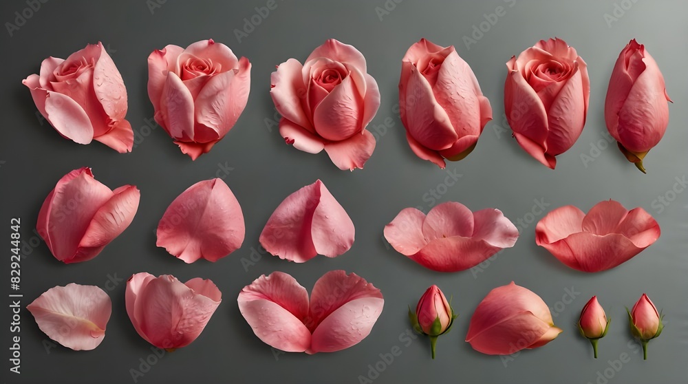 Set of pink rose flowers petals isolated on transparent background. Set of pink rose flowers petals isolated on transparent background.