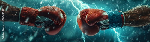 Two boxing gloves clashing amidst dramatic lightning, highlighting the intensity of the sport and the raw power of the athletes competing. photo