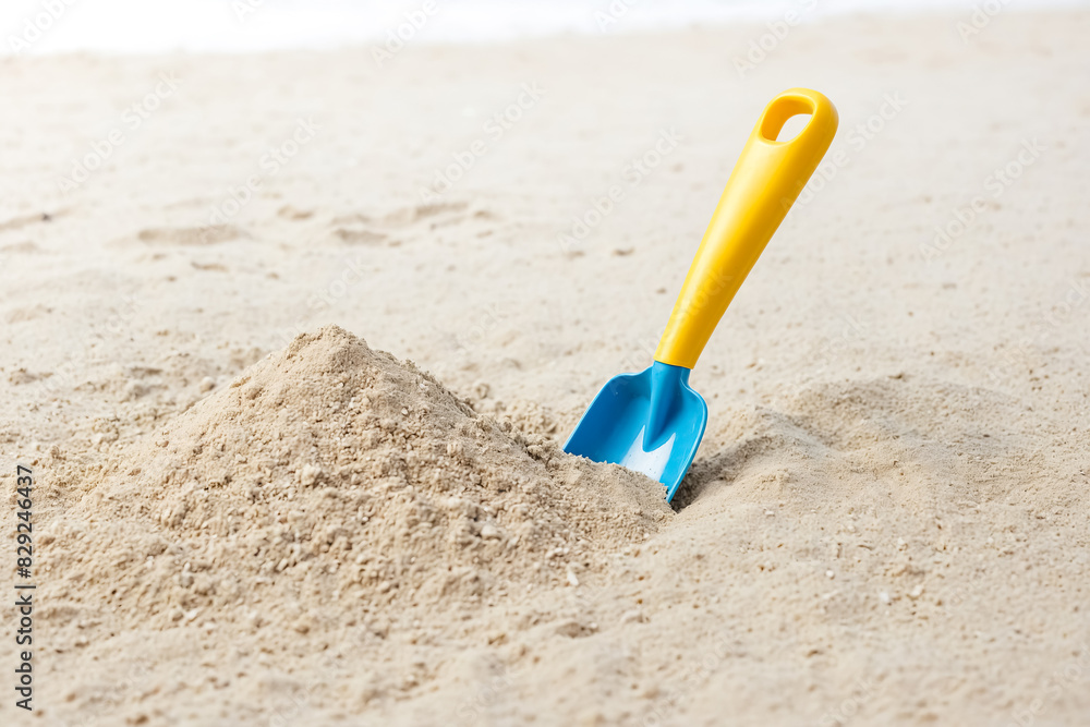 Yellow and Blue Toy Shovel in Sand Yellow and Blue Toy Shovel in Sand