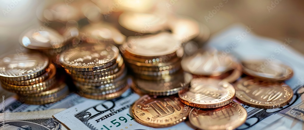 Close-up of scattered coins and banknotes, depicting financial concepts, savings, investment, and economic stability. Close-up of scattered coins and banknotes, depicting financial concepts, savings, investment, and economic stability.