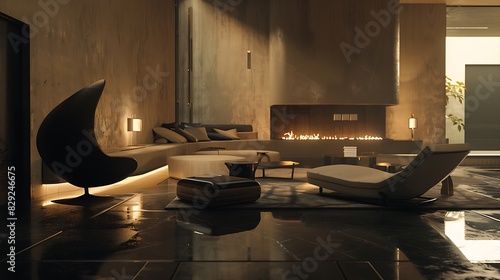 A wide-angle view of a deserted luxury lounge featuring er furniture and a modern fireplace casting soft light on the empty space