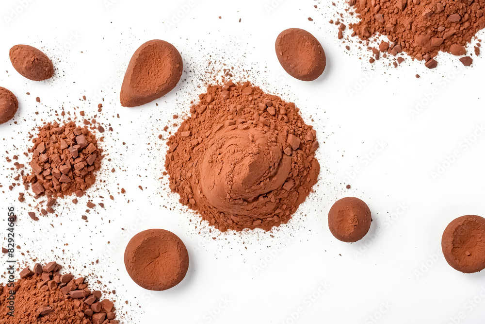 Chocolate truffles and cocoa powder on white background Chocolate truffles and cocoa powder on white background