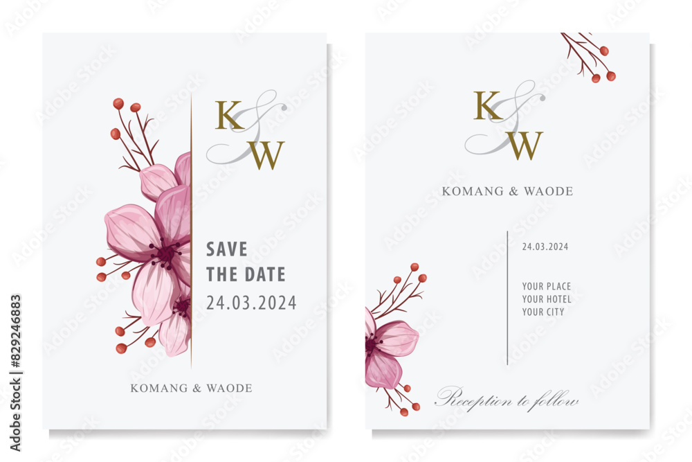 Fototapeta premium Decorative floral foliage ornamentation for wedding invitations infuses your stationery with natural elegance, evoking the romance and beauty of blooming gardens