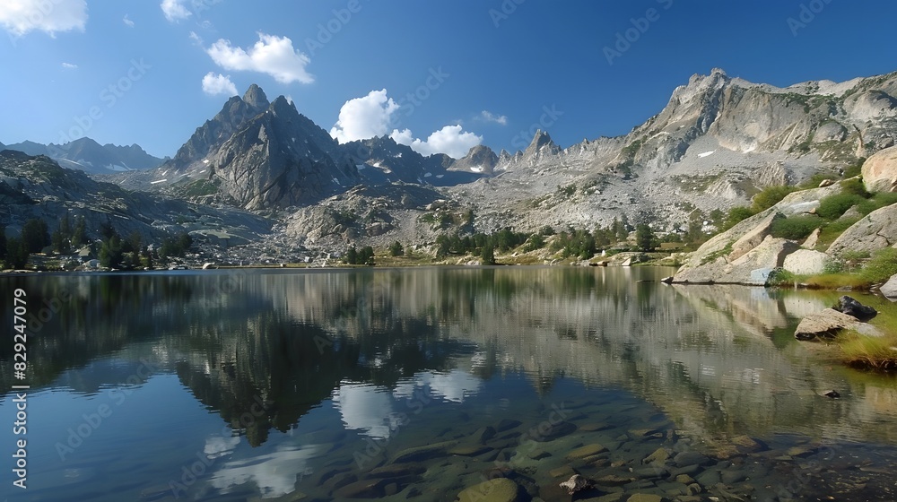 Peaceful mountain lake reflecting surrounding peaks Peaceful mountain lake reflecting surrounding peaks