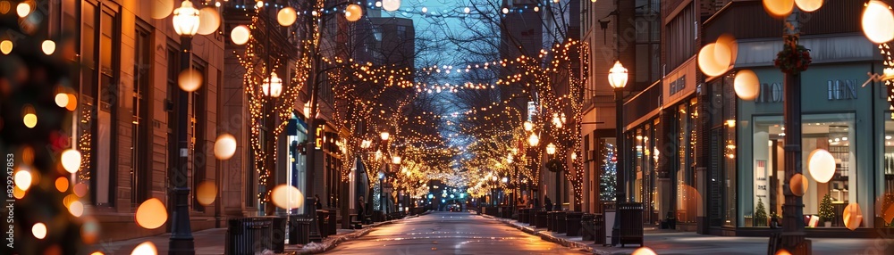 City street decorated with holiday lights