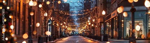 City street decorated with holiday lights