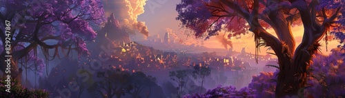 Fantasy landscape at dawn with mystical purple trees, glowing sunlight, and a distant magical city under a vibrant, enchanted sky.