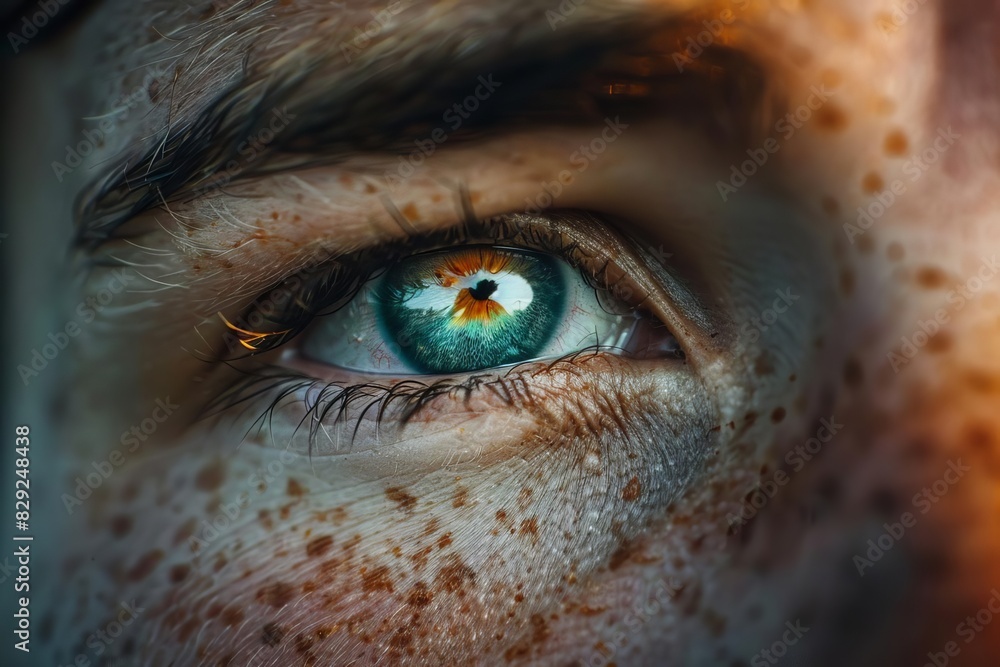 Close-up of a person's stunning blue eye with freckles on the skin, showcasing vivid detail and natural beauty. Close-up of a person's stunning blue eye with freckles on the skin, showcasing vivid detail and natural beauty.