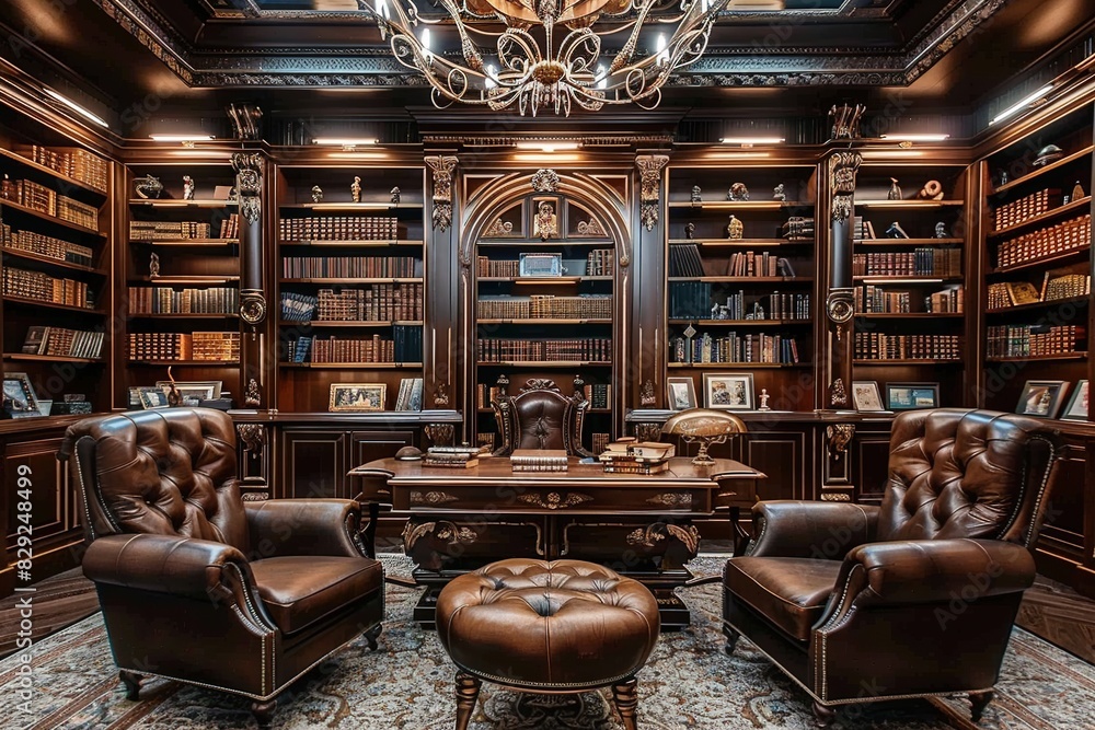 Elegant Art Deco style library with luxurious wooden bookcases and cozy leather chairs Elegant Art Deco style library with luxurious wooden bookcases and cozy leather chairs