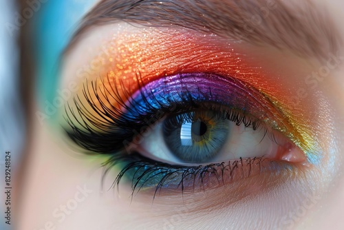 Close-up of a colorful eye makeup with vibrant rainbow eyeshadow and long eyelashes, showcasing beauty and artistic makeup technique. © nattapon98