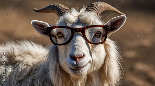 Front Closeup of A photo of a serious goat in glasses, funny portrait on simple background  © Prateek