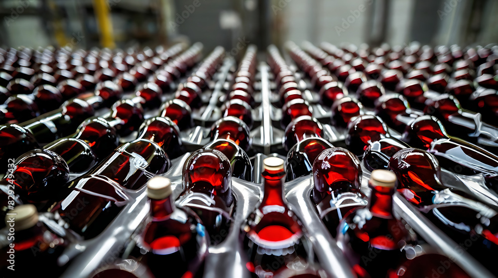 Fototapeta premium A series of bottles of red wine bottles in a factory with closeup view and leading lines on the alcoholic drink bottle, wine making factory 