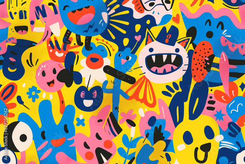 Whimsical motifs with cheerful cartoon characters in a playful abstract pop style.