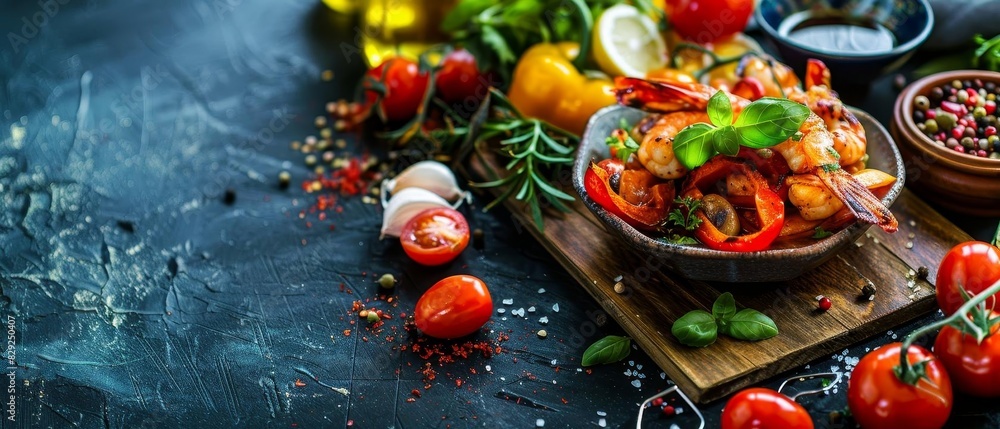 A delicious seafood dish with shrimp, tomatoes, and spices served on a wooden board, surrounded by fresh ingredients on a dark surface. A delicious seafood dish with shrimp, tomatoes, and spices served on a wooden board, surrounded by fresh ingredients on a dark surface.