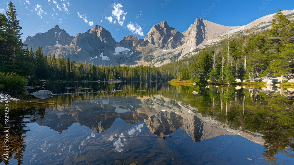 Peaceful mountain lake reflecting surrounding peaks
