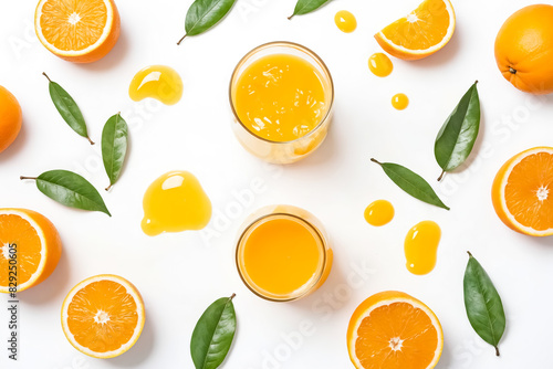 Fresh Orange Juice with Slices and Leaves