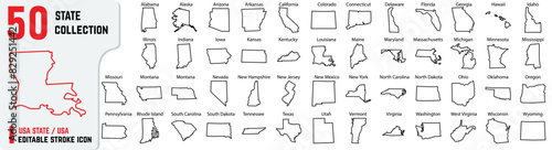 USA 50 editable stroke icon, also includes New York, Pennsylvania, Rhode Island, South Carolina, South Dakota, Tennessee, Texas, Vector outline of 50 states with their names 