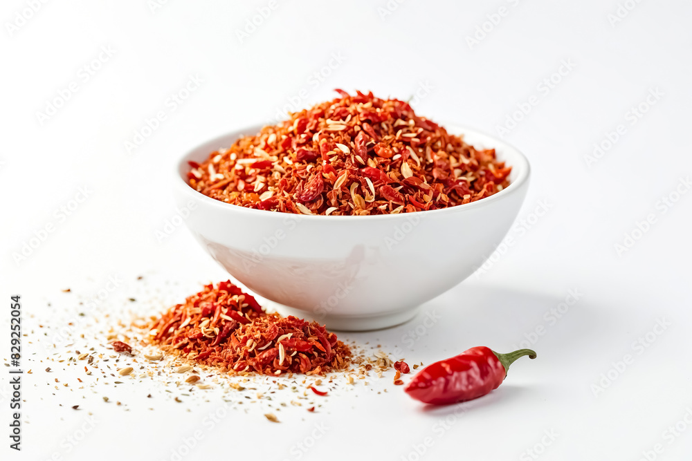 Dried red chili peppers in a white bowl with a fresh red chili pepper on the side Dried red chili peppers in a white bowl with a fresh red chili pepper on the side