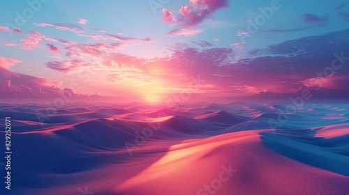 Vibrant Desert Sunset with Pink and Blue Sky Over Sand Dunes