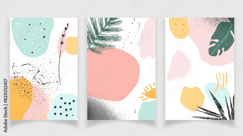 three wall art frame with tropical leaves boho abstract art illustration collection set, home decor minimal mock up idea three wall art frame with tropical leaves boho abstract art illustration collection set, home decor minimal mock up idea