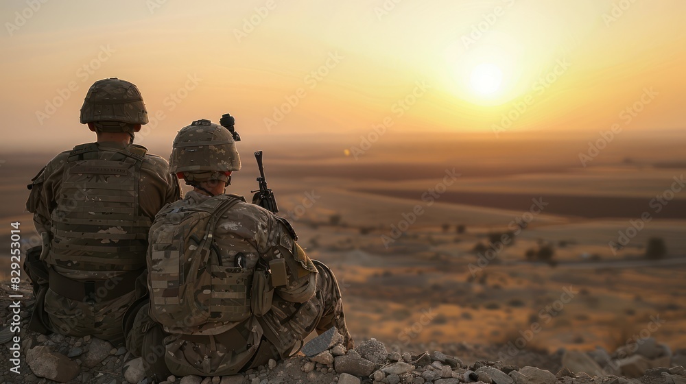 Several soldiers are seen from behind sitting on a rocky desert hill watching the sunset in a war zone. Several soldiers are seen from behind sitting on a rocky desert hill watching the sunset in a war zone.