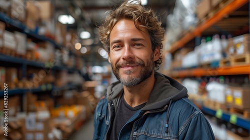 Smiling Man in Warehouse Aisle. Smiling man standing in a warehouse aisle, highlighting a positive work environment and effective inventory management.