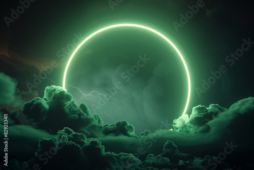 Moss green neon ring lights up an abstract clouded dark sky in a 3D portrait setup.