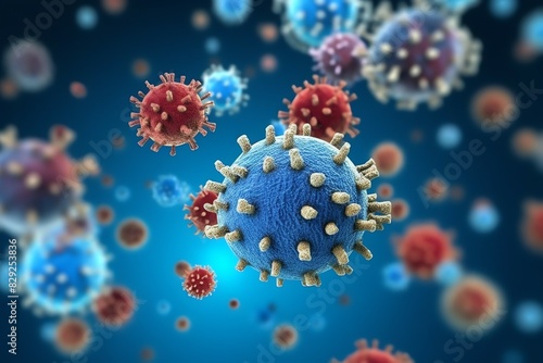 3D render of a medical with virus cells bacteria. Multiple realistic coronavirus particles floating