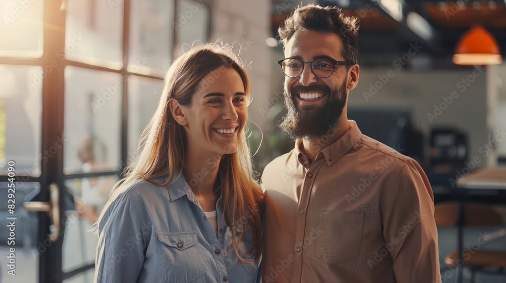 Portrait of a young heterosexual couple. A man with glasses and a woman in a blue shirt are smiling and happy Portrait of a young heterosexual couple. A man with glasses and a woman in a blue shirt are smiling and happy