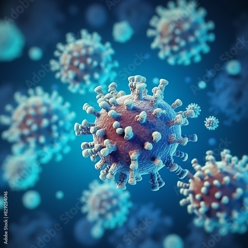 3D render of a medical with virus cells bacteria. Multiple realistic coronavirus particles floating