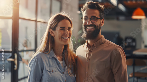 Portrait of a young heterosexual couple. A man with glasses and a woman in a blue shirt are smiling and happy