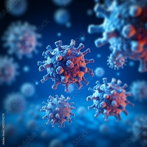 3D render of a medical with virus cells bacteria. Multiple realistic coronavirus particles floating