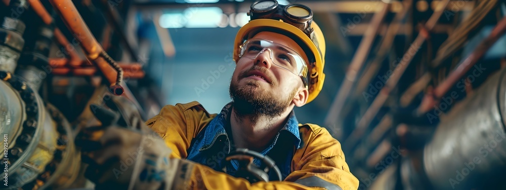 Focused Blue Collar Worker Inspecting Industrial Pipeline in Factory Setting Focused Blue Collar Worker Inspecting Industrial Pipeline in Factory Setting