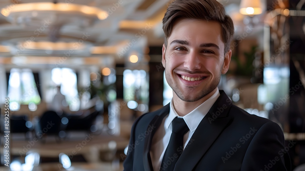 Friendly Concierge in a Formal Business Attire Welcoming and Assisting Guests at a Hotel or Corporate Lobby Friendly Concierge in a Formal Business Attire Welcoming and Assisting Guests at a Hotel or Corporate Lobby