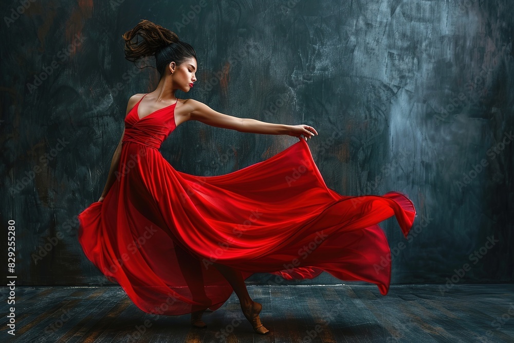 Elegant dance instructor showcasing moves in studio with flowing red dress Elegant dance instructor showcasing moves in studio with flowing red dress