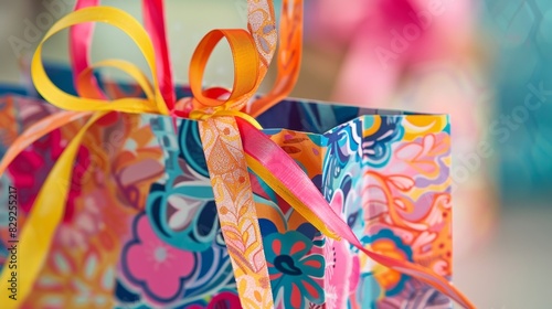A e paper gift bag made from repurposed wrapping paper complete with a colorful ribbon handle.