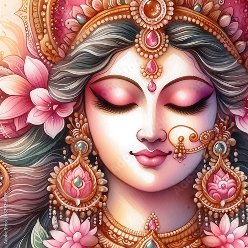 Watercolor Close-Up Painting of Goddess Lakshmi's Serene Expression