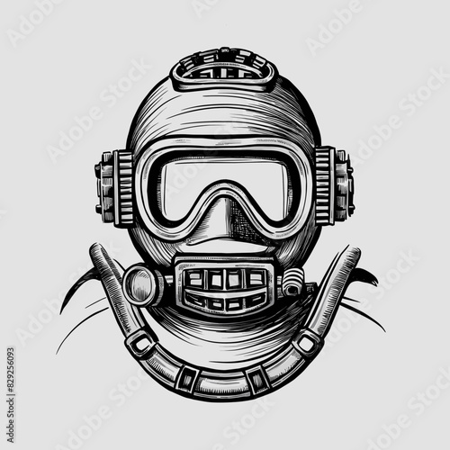 Diving mask vector pencil ink sketch drawing, black and white, monochrome engraving style