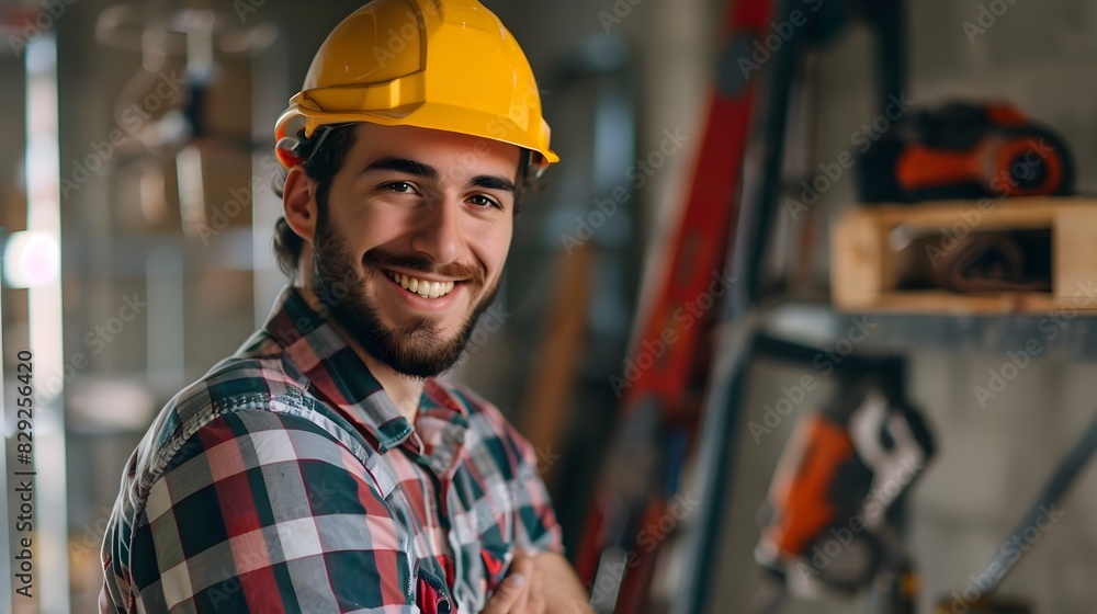 Happy Young Carpenter Smiling while Working in His Workshop