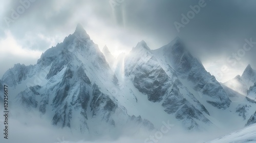 Sunlight shining on snow covered mountain peaks