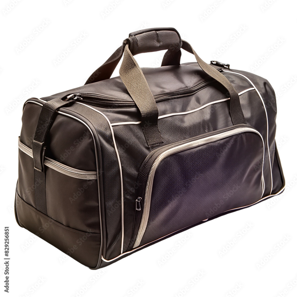 Naklejka premium A black and grey duffle bag with a handle and a zipper on transparent background