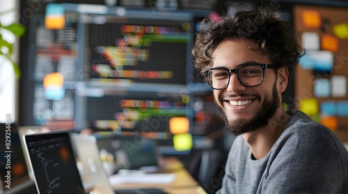 Happy Young Software Engineer Smiling and Working on Computer in Modern Office