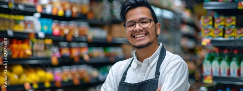Happy Young Store Manager Smiling During Work in Grocery Shop
