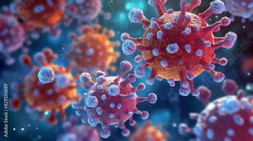 3D render of a medical with virus cells bacteria. Multiple realistic coronavirus particles floating © Creative AI