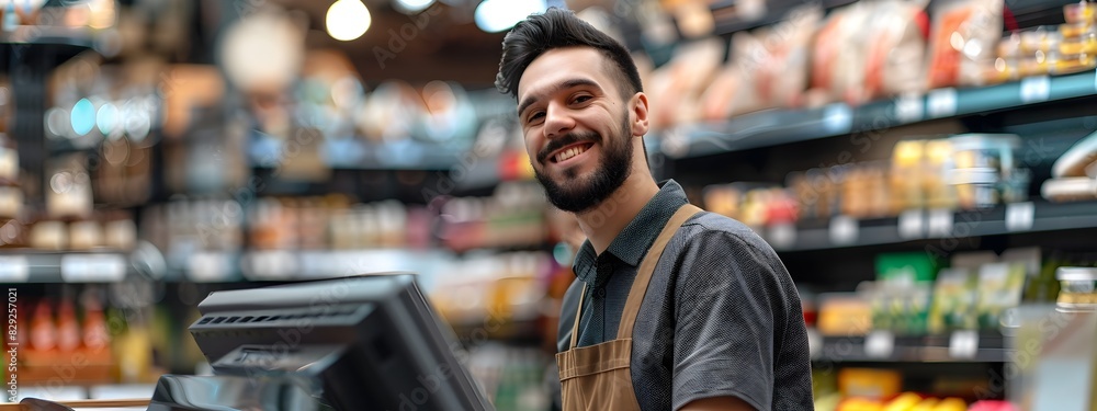 Fototapeta premium Hardworking Retail Employee Providing Friendly Customer Service in Grocery Store