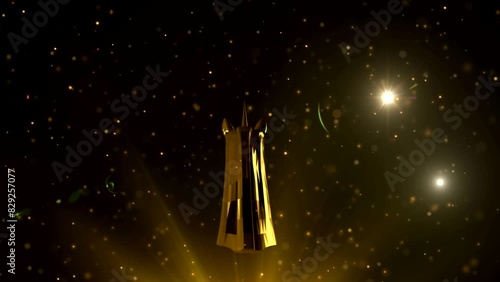 Rotating award statue unicorn in gold on lens flares and moving particles background. For any award ceremony. 3D animation. 4K Animation photo