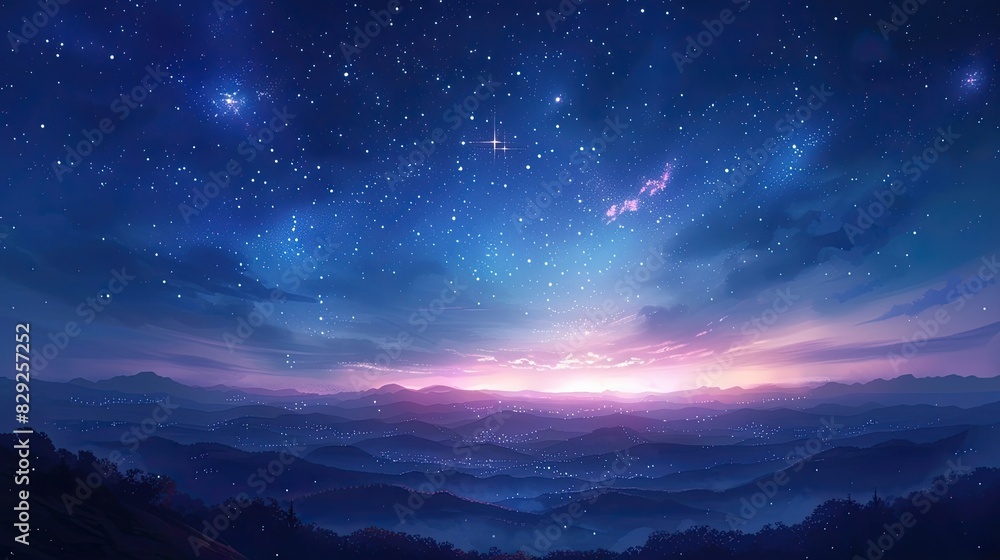 starry sky distant mountains dark blue background