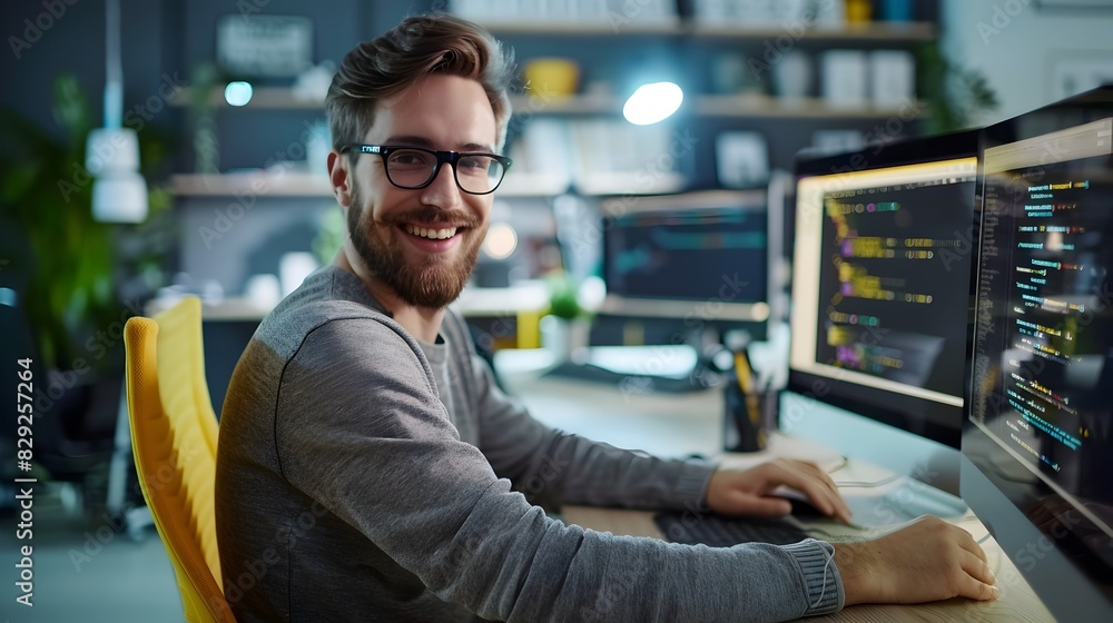 Fototapeta premium Joyful DevOps Professional Diligently Coding at Workstation